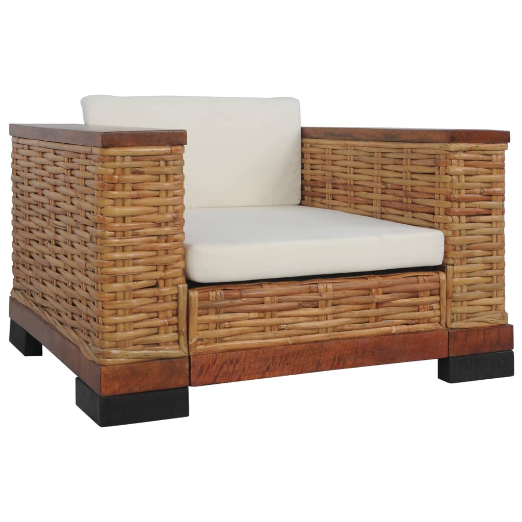 Fauteuil Met Kussens Natuurlijk Rattan Bruin Blauw