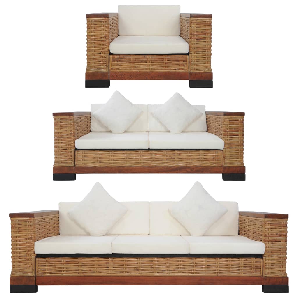 3-Delig Bankstel Met Kussens Natuurlijk Rattan Bruin