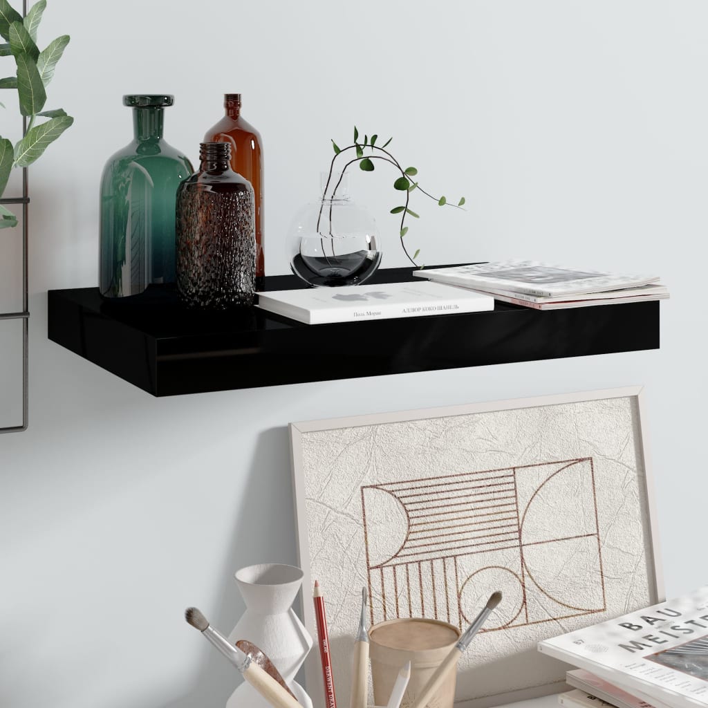 Wandschap Zwevend 40X23X3,8 Cm Mdf Hoogglans Zwart