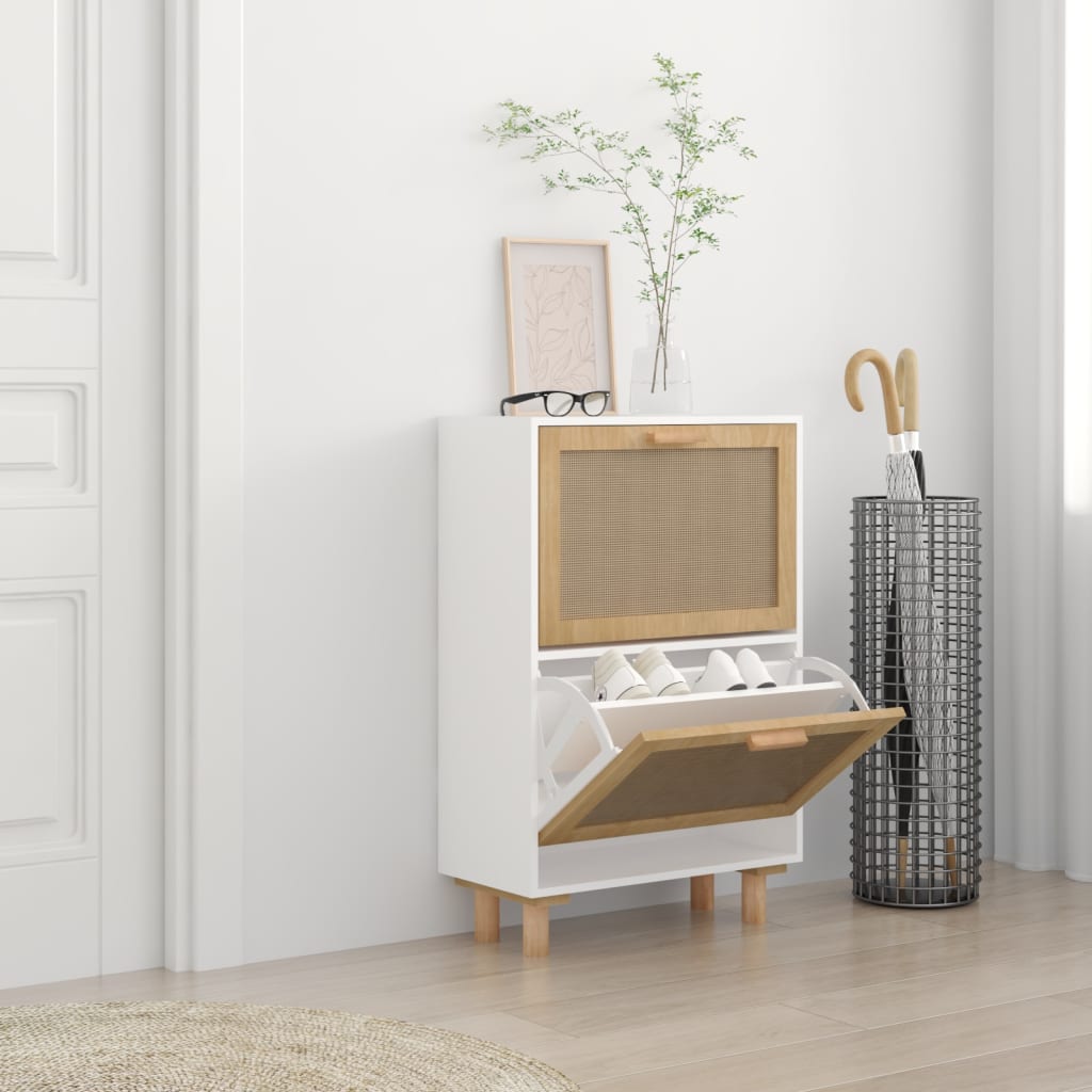 Schoenenkast 52X25X80 Cm Bewerkt Hout En Natuurlijk Rattan