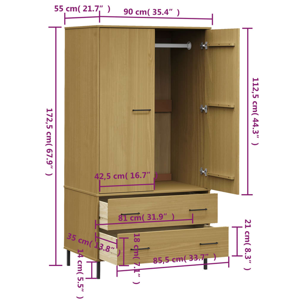 Kledingkast Metalen Poten Oslo 90X55X172,5 Cm Grenenhout