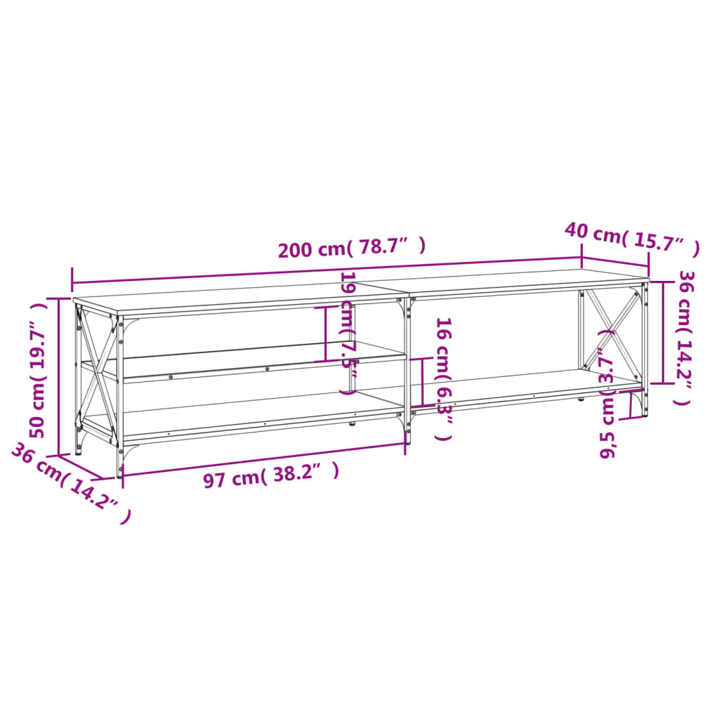 Tv-Meubel 200X40X50 Cm Bewerkt Hout Metaal