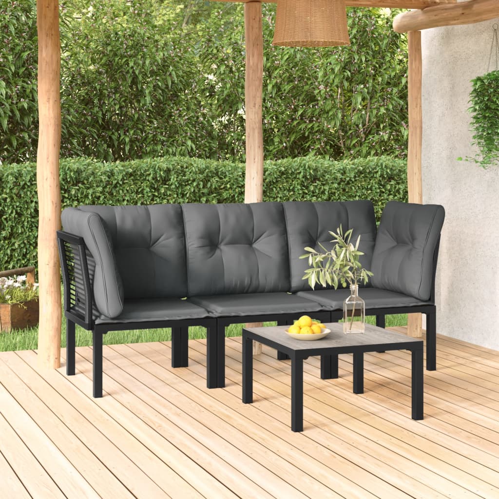 3-Delige Loungeset Met Kussens Poly Rattan Zwart En Grijs