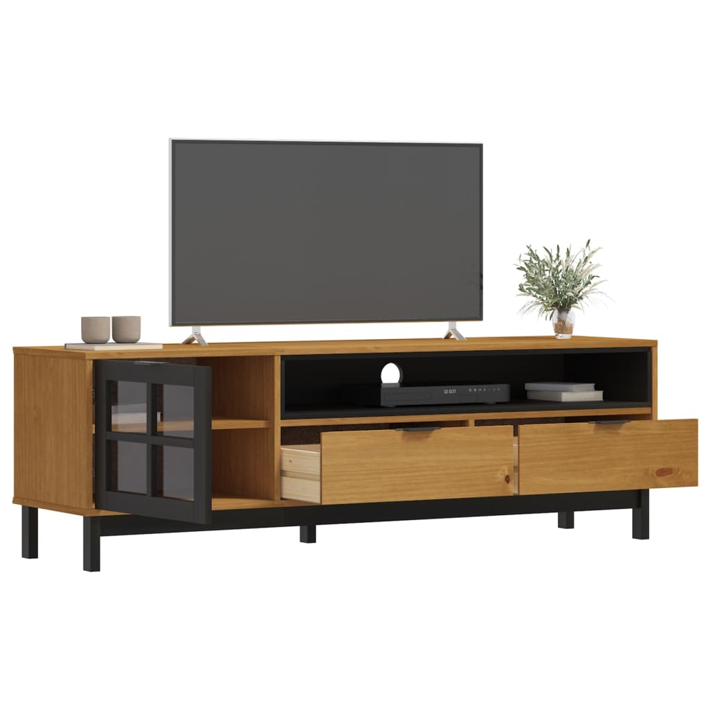 Tv-Meubel Met Glazen Deur Flam 158X40X50 Cm Massief Grenenhout Goud En Wit