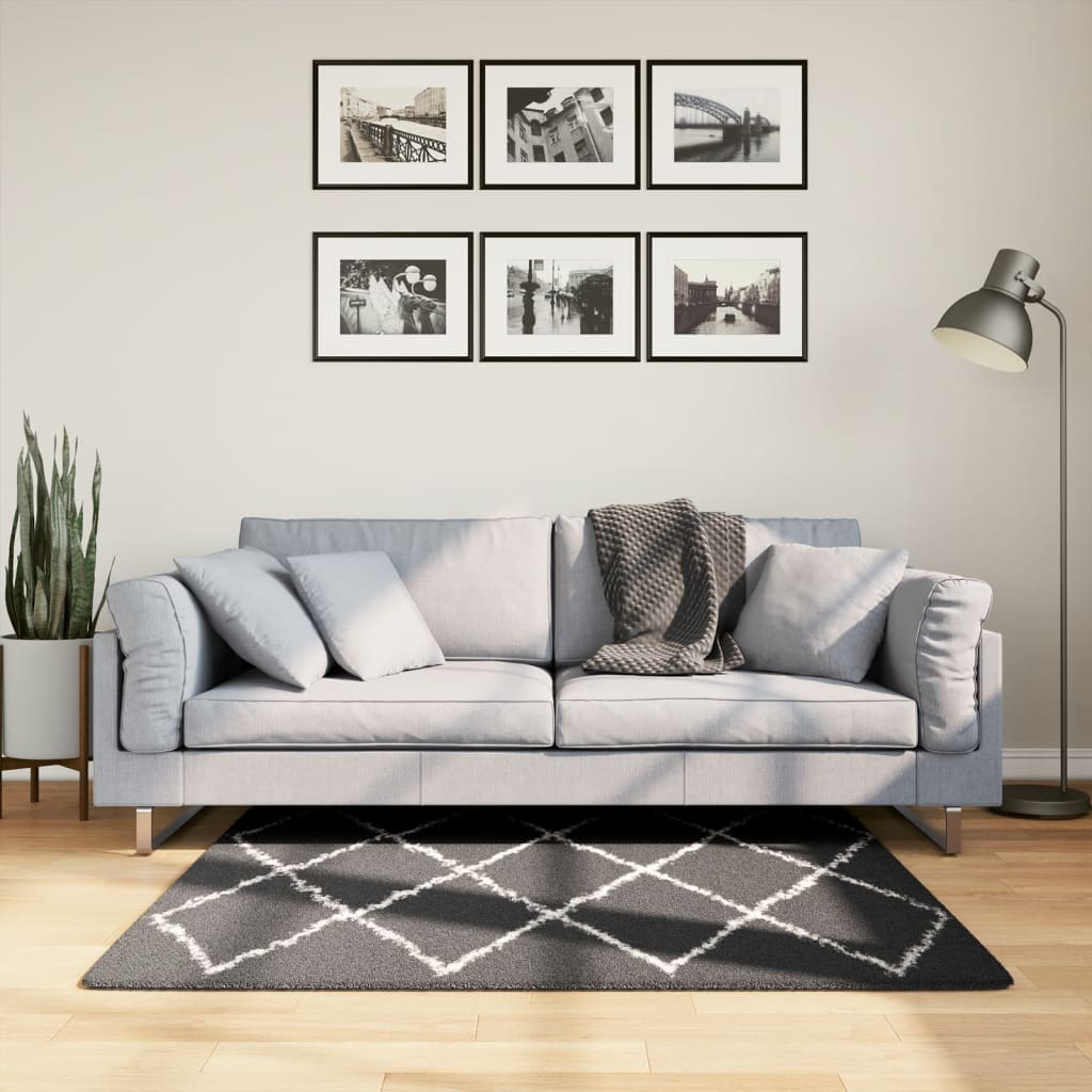 Vloerkleed Shaggy Hoogpolig Modern Zwart En Crème