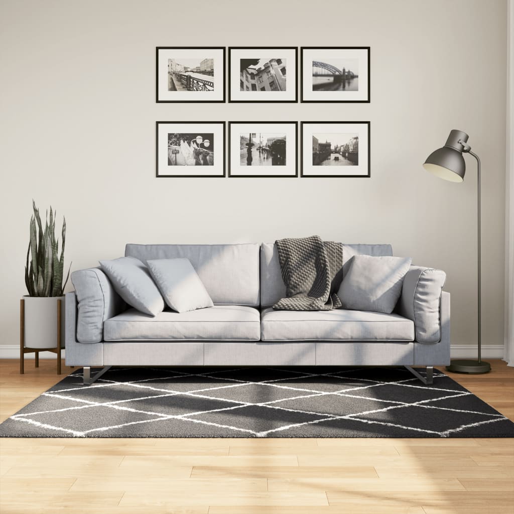 Vloerkleed Shaggy Hoogpolig Modern Zwart En Crème