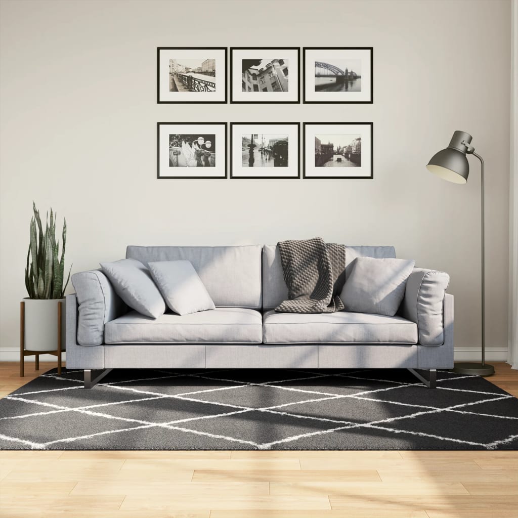 Vloerkleed Shaggy Hoogpolig Modern Zwart En Crème
