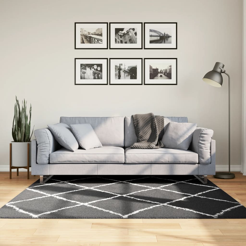 Vloerkleed Shaggy Hoogpolig Modern Zwart En Crème