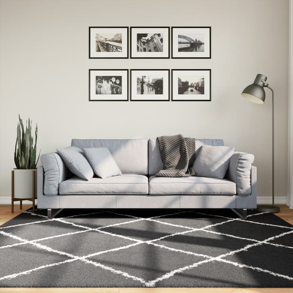 Vloerkleed Shaggy Hoogpolig Modern Zwart En Crème