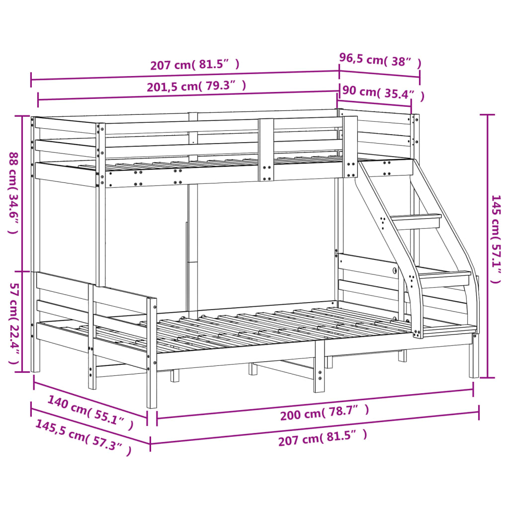 Stapelbed Massief Grenenhout 90X200/140X200 Cm