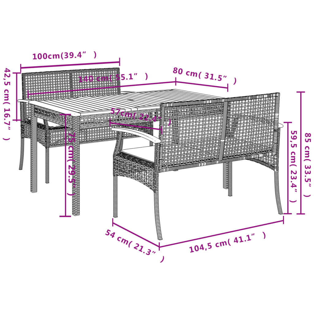 3-Delige Tuinset Met Kussens Poly Rattan Zwart
