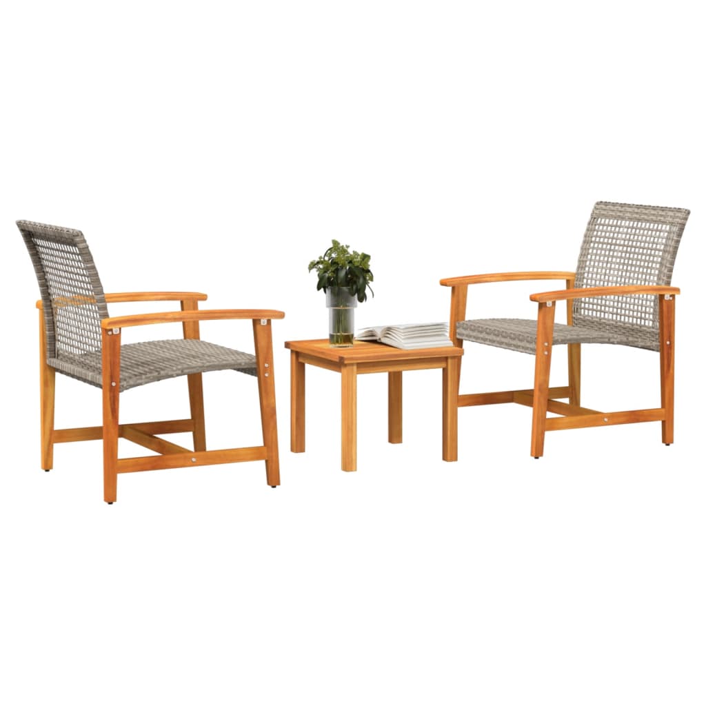 3-Delige Bistroset Poly Rattan En Acaciahout Grijs