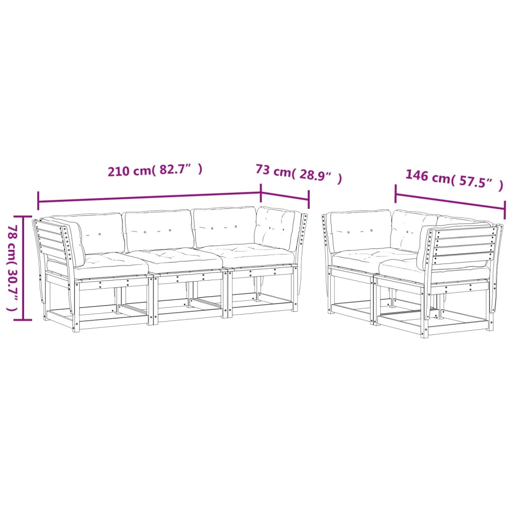5-Delige Loungeset Met Kussens Massief Grenenhout Wit