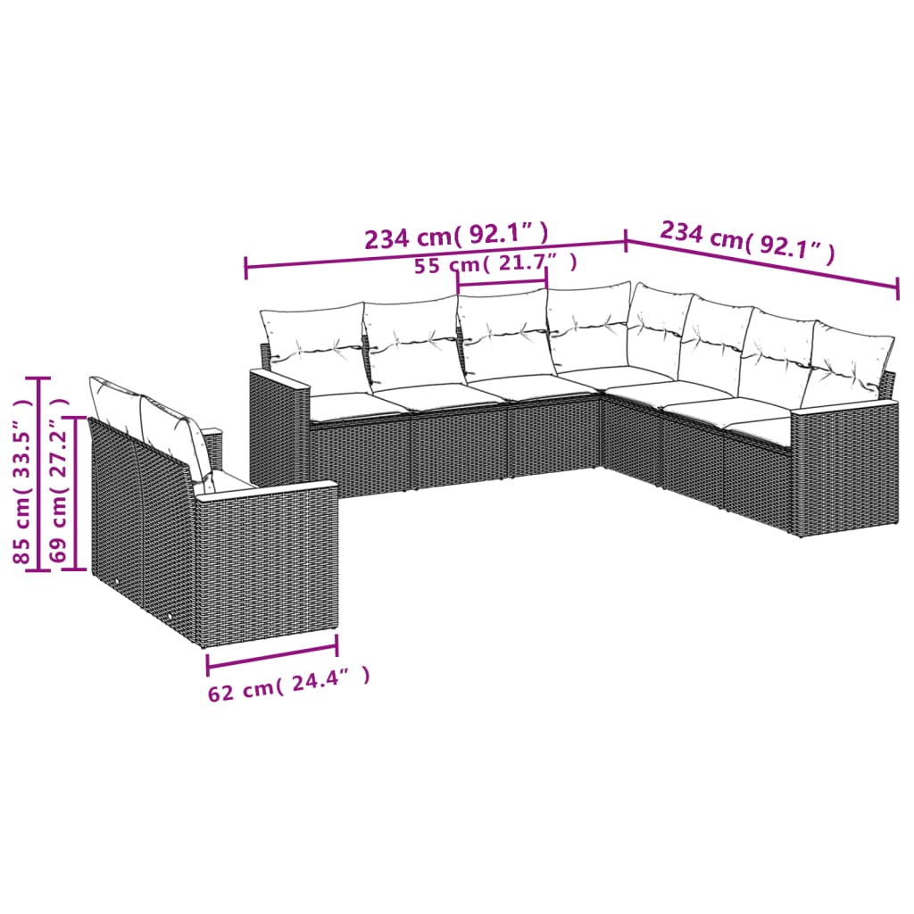 9-Delige Loungeset Met Kussens Poly Rattan Zwart