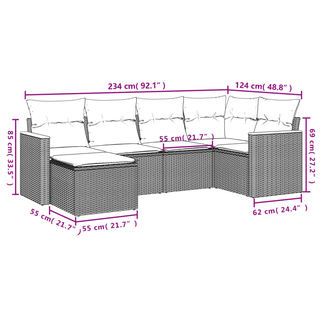 6-Delige Loungeset Met Kussens Poly Rattan Grijs