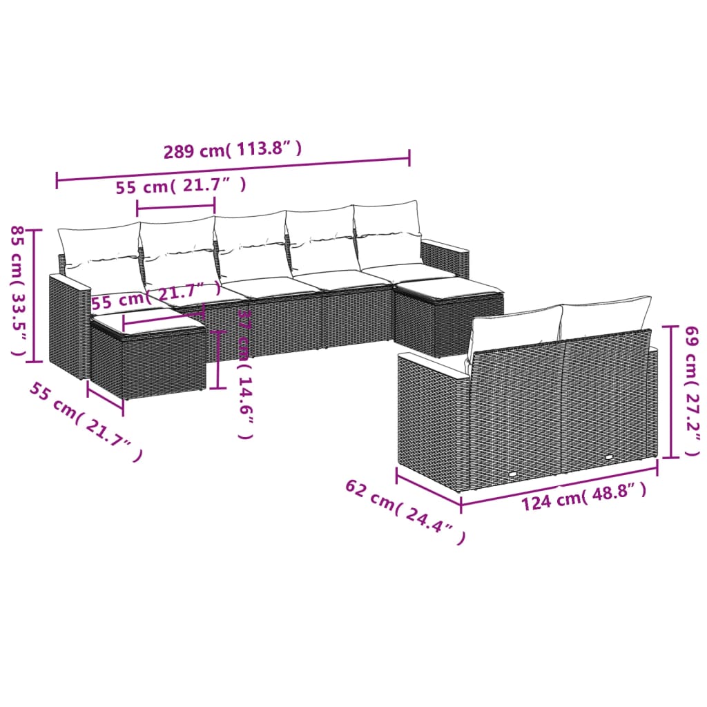 9-Delige Loungeset Met Kussens Poly Rattan Gemengd Beige