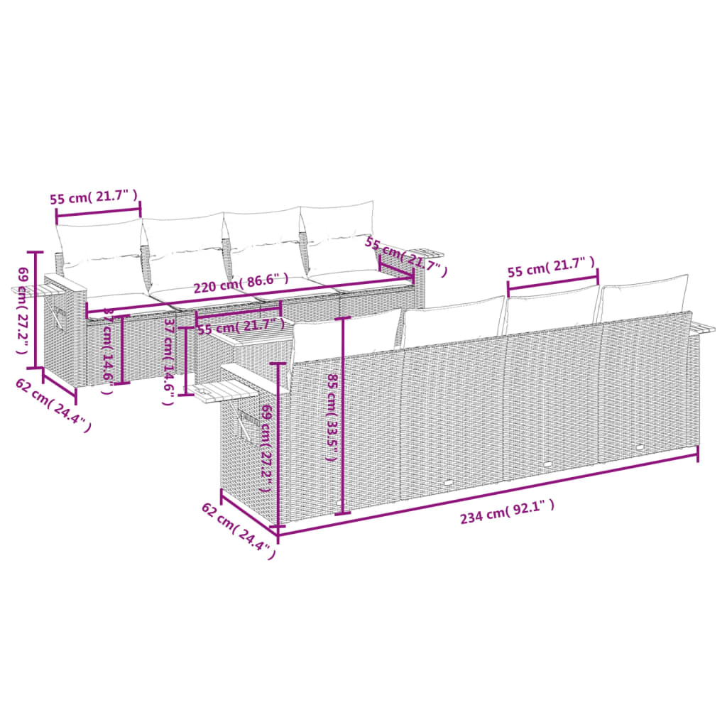 9-Delige Loungeset Met Kussens Poly Rattan Zwart