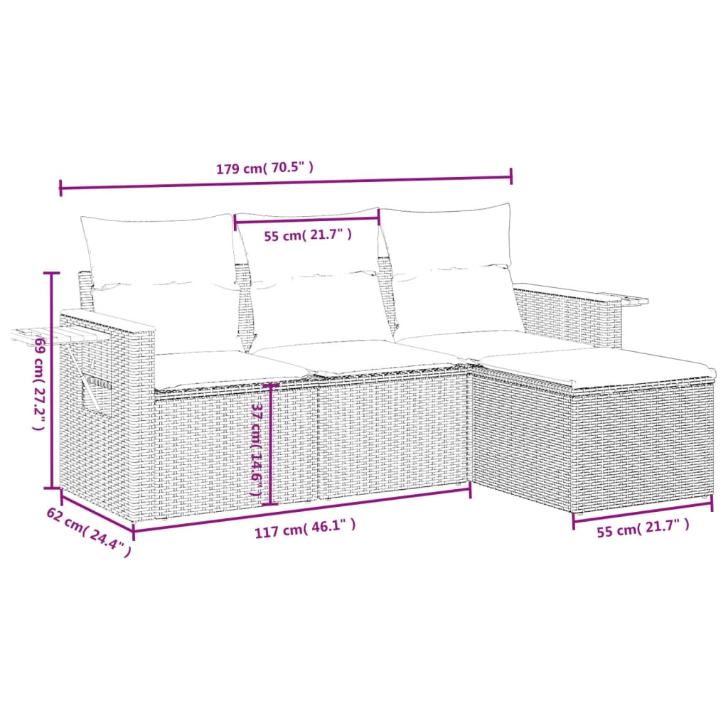 4-Delige Loungeset Met Kussens Poly Rattan Grijs