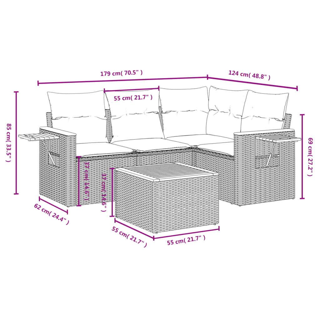 5-Delige Loungeset Met Kussens Poly Rattan Grijs