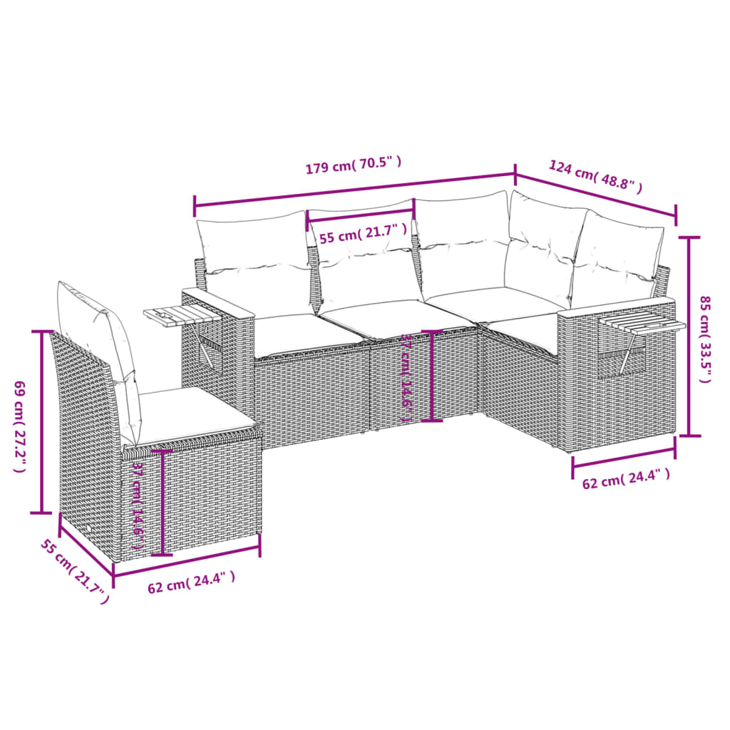 5-Delige Loungeset Met Kussens Poly Rattan Grijs