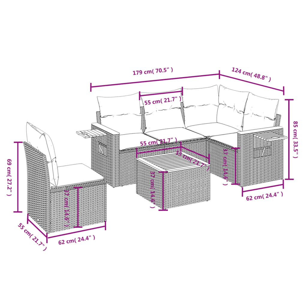 6-Delige Loungeset Met Kussens Poly Rattan Grijs