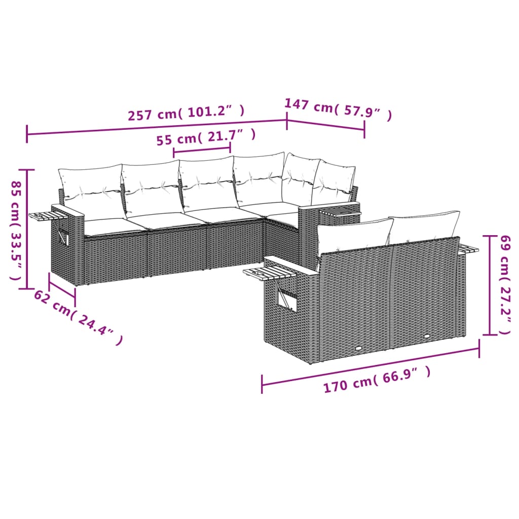 7-Delige Loungeset Met Kussens Poly Rattan Grijs