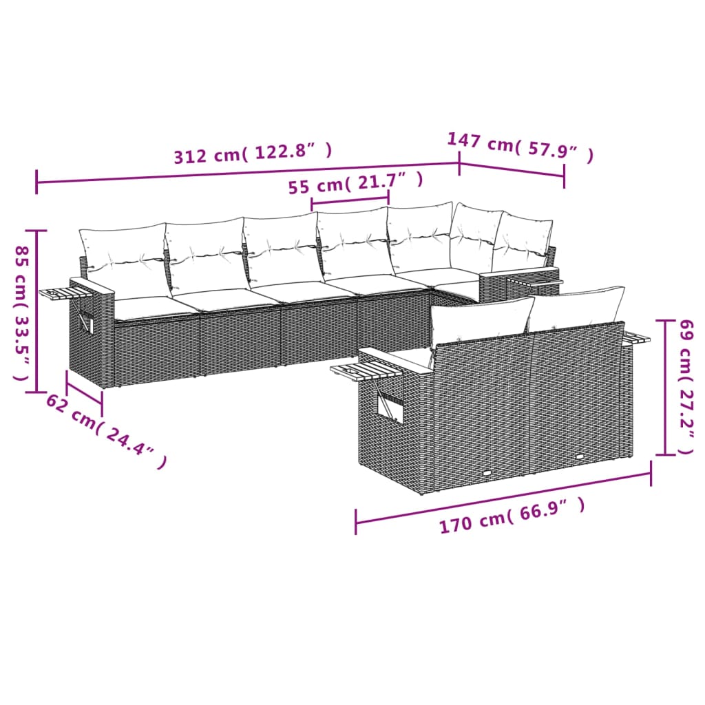 8-Delige Loungeset Met Kussens Poly Rattan Grijs