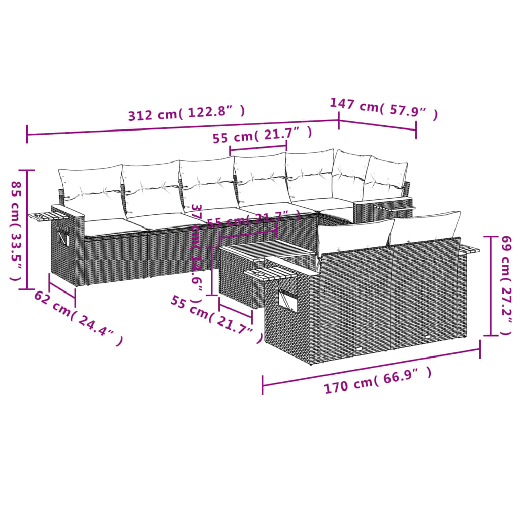 9-Delige Loungeset Met Kussens Poly Rattan Grijs