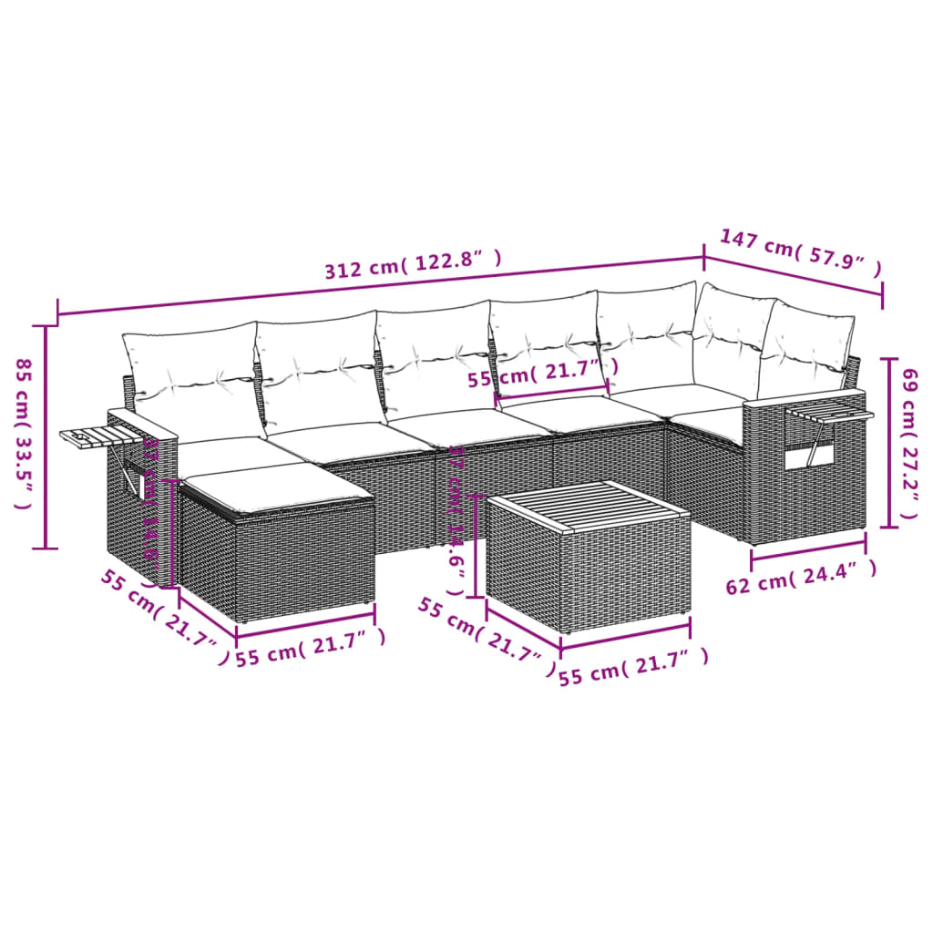 8-Delige Loungeset Met Kussens Poly Rattan Grijs