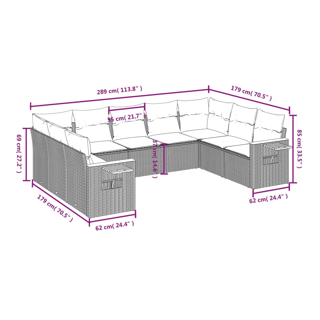 9-Delige Loungeset Met Kussens Poly Rattan Zwart