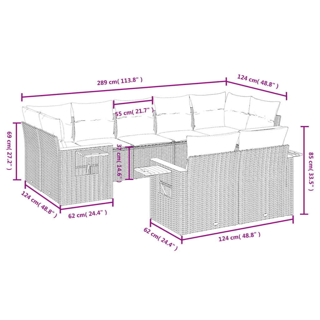 9-Delige Loungeset Met Kussens Poly Rattan Zwart
