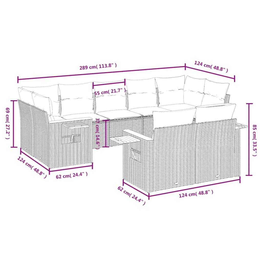 9-Delige Loungeset Met Kussens Poly Rattan Grijs