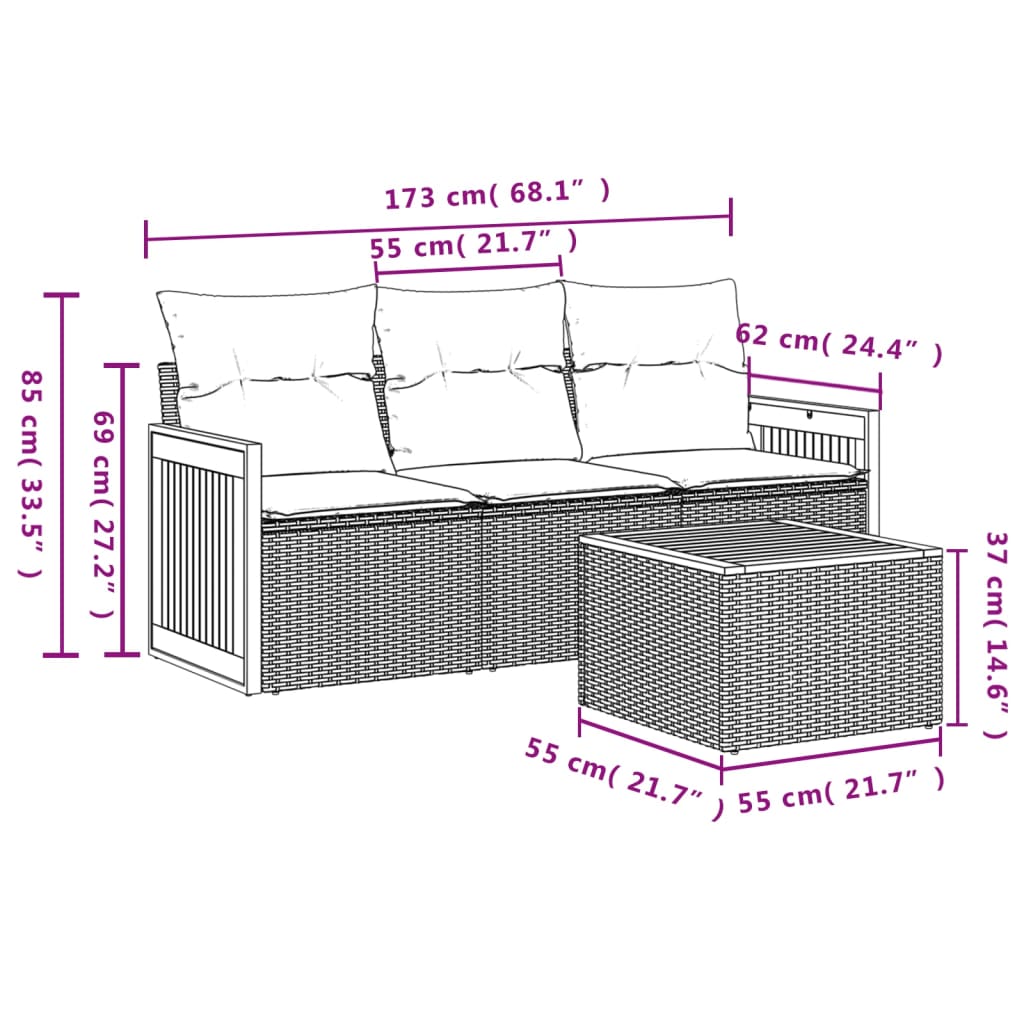 4-Delige Loungeset Met Kussens Poly Rattan Grijs