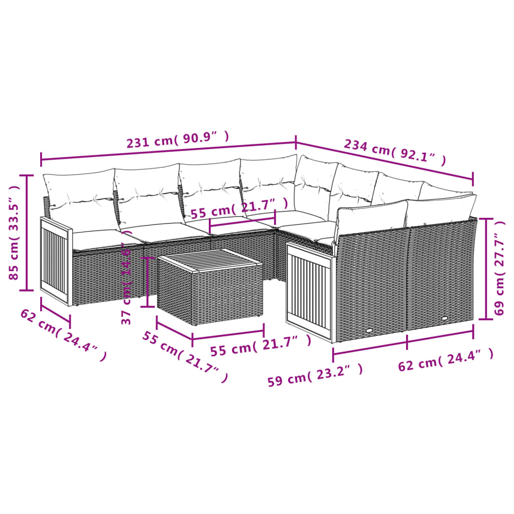 9-Delige Loungeset Met Kussens Poly Rattan Zwart