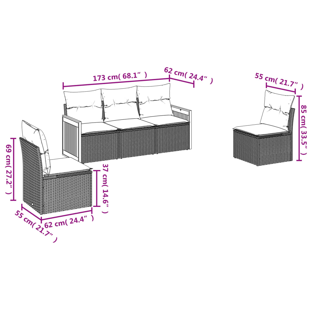 5-Delige Loungeset Met Kussens Poly Rattan Beige