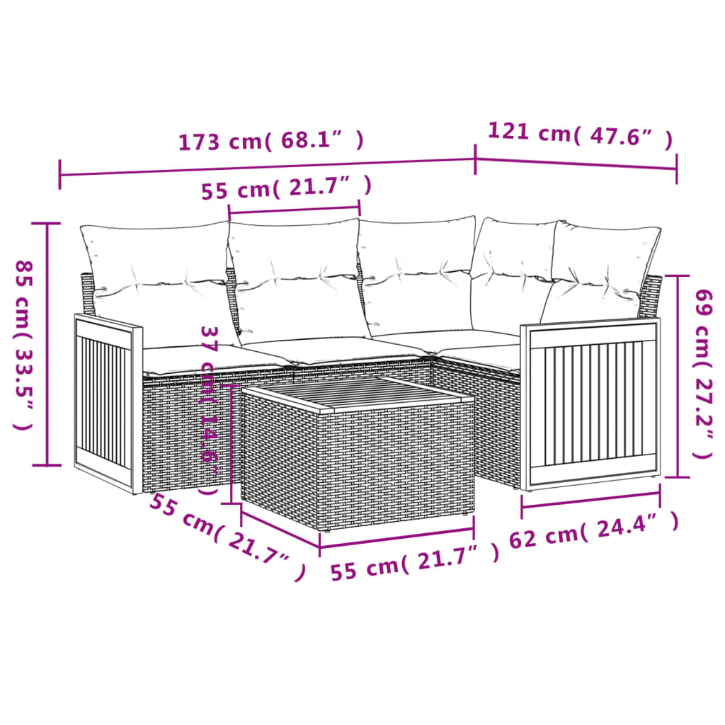 5-Delige Loungeset Met Kussens Poly Rattan Grijs