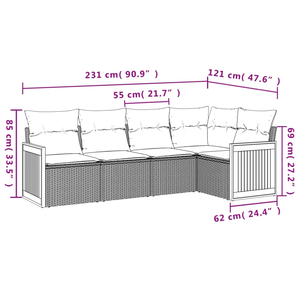 5-Delige Loungeset Met Kussens Poly Rattan Grijs