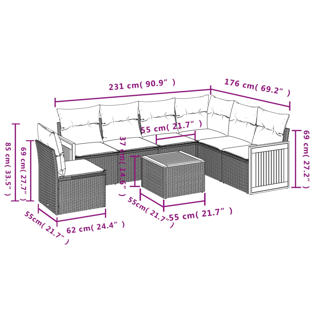 7-Delige Loungeset Met Kussens Poly Rattan Grijs
