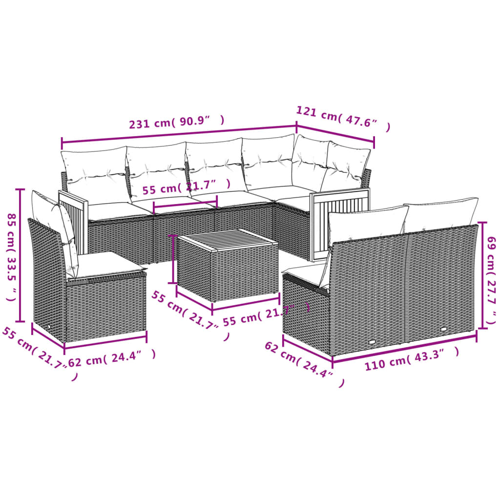 9-Delige Loungeset Met Kussens Poly Rattan Zwart