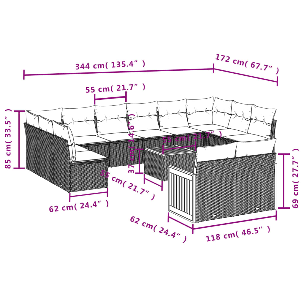 12-Delige Loungeset Met Kussens Poly Rattan Zwart