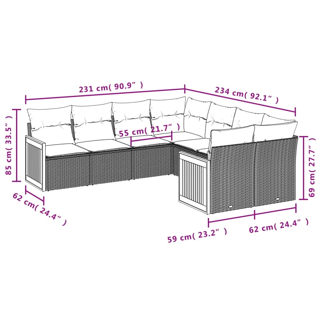 8-Delige Loungeset Met Kussens Poly Rattan Grijs