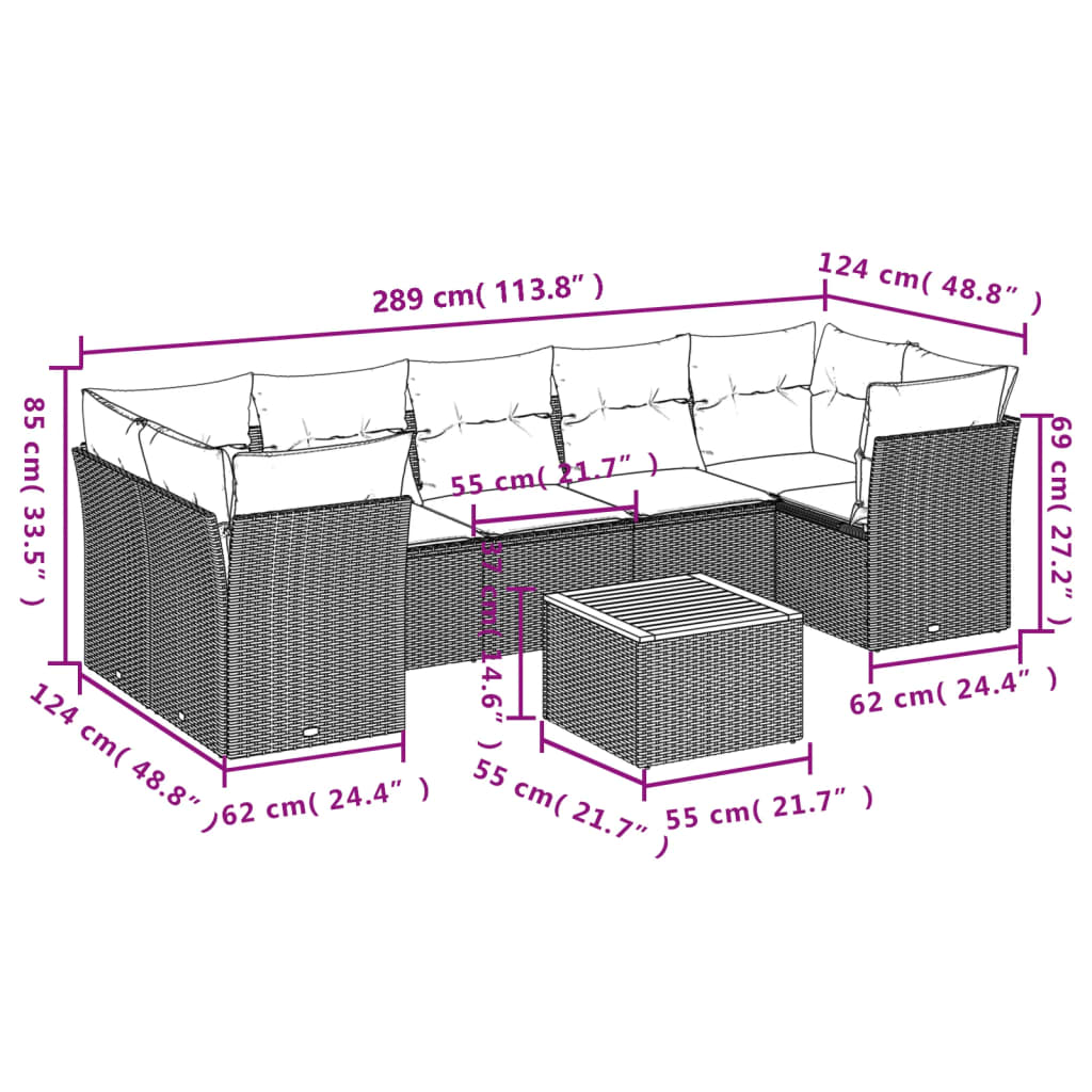 8-Delige Loungeset Met Kussens Poly Rattan Grijs