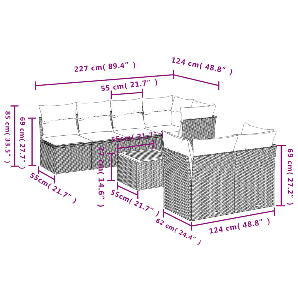 8-Delige Loungeset Met Kussens Poly Rattan Grijs