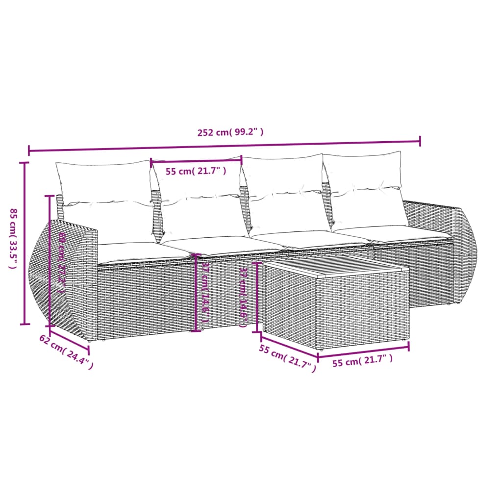5-Delige Loungeset Met Kussens Poly Rattan Grijs