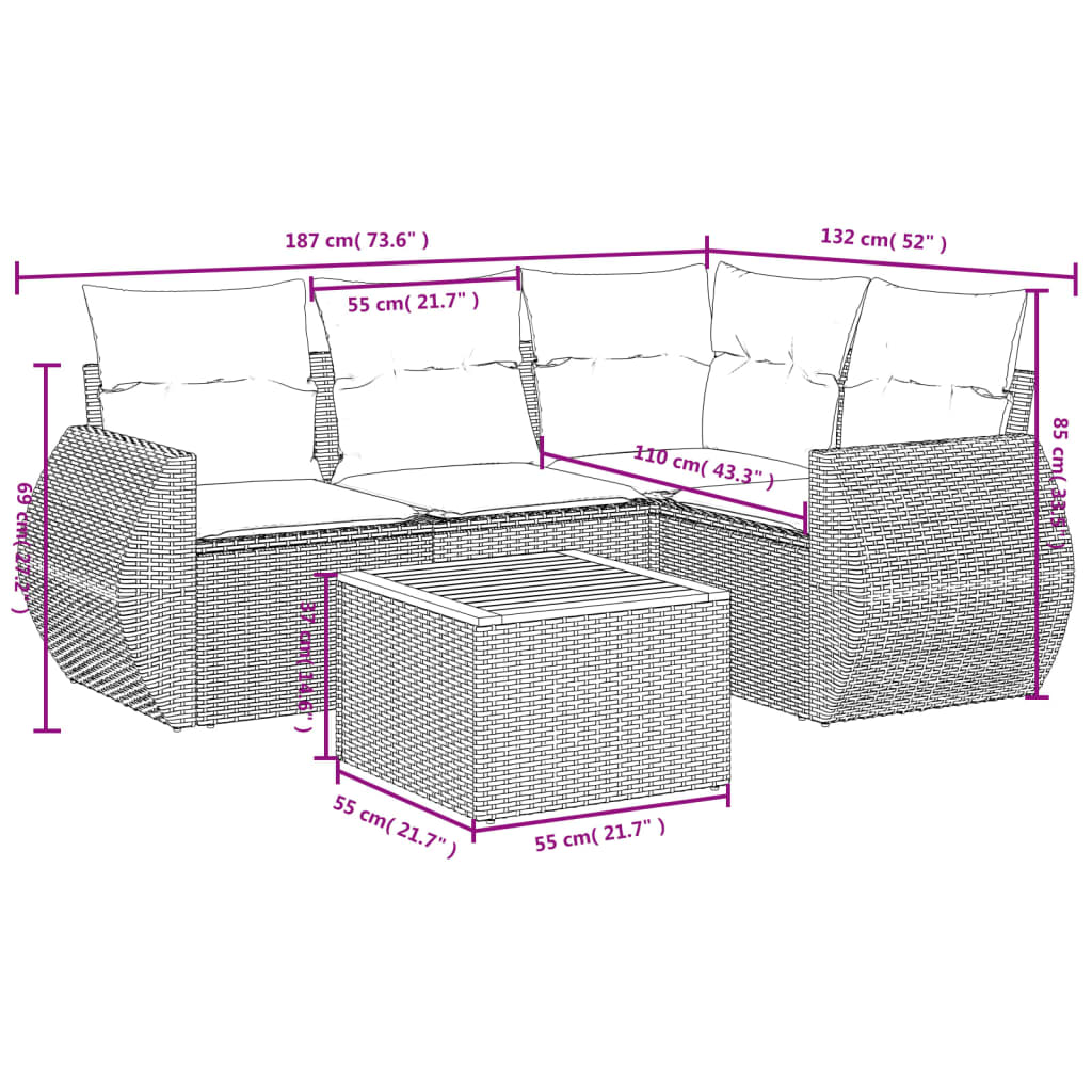 5-Delige Loungeset Met Kussens Poly Rattan Zwart