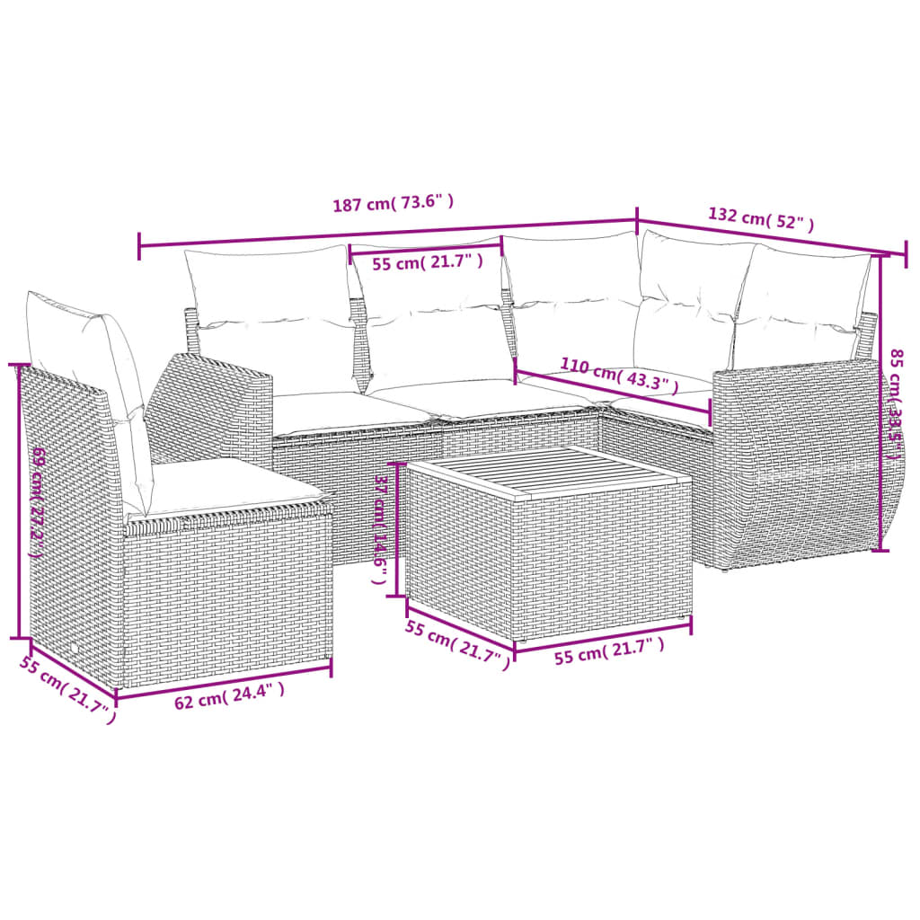 6-Delige Loungeset Met Kussens Poly Rattan Grijs