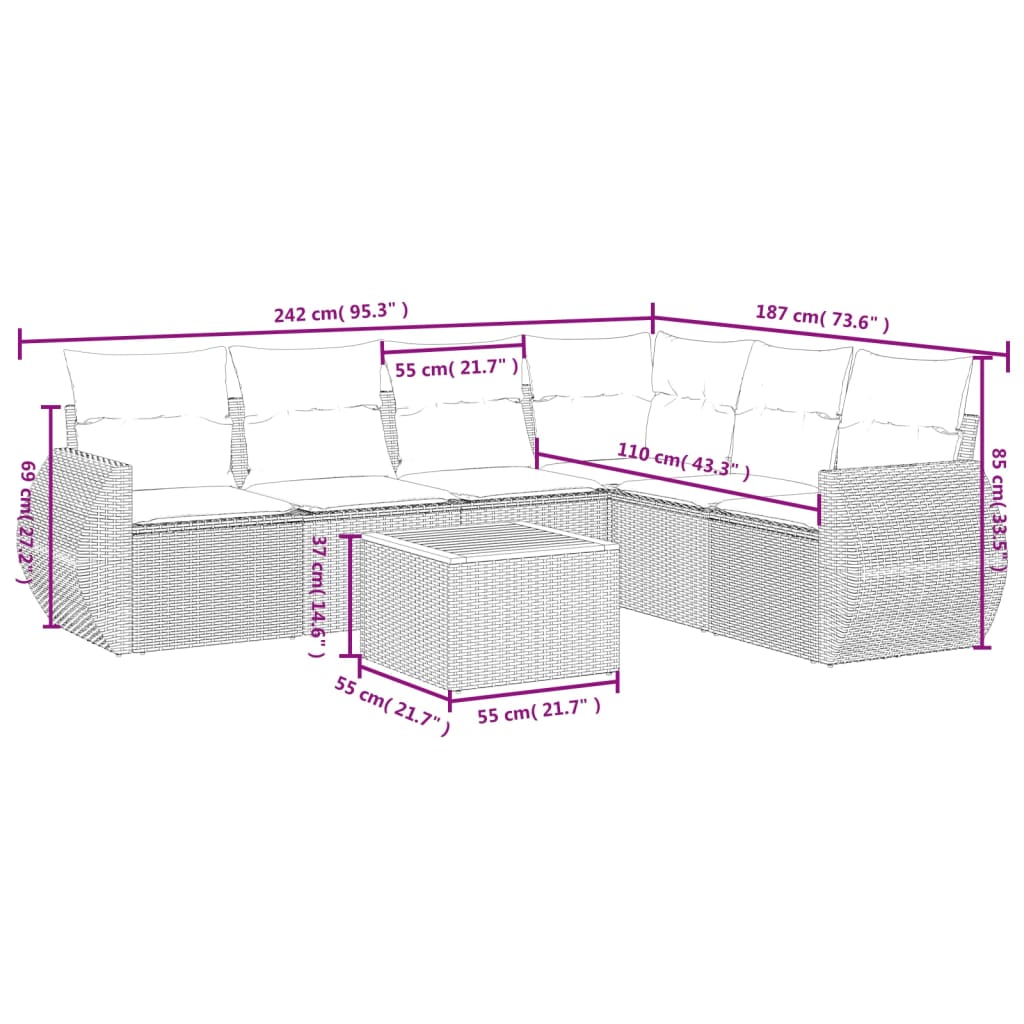 7-Delige Loungeset Met Kussens Poly Rattan Grijs