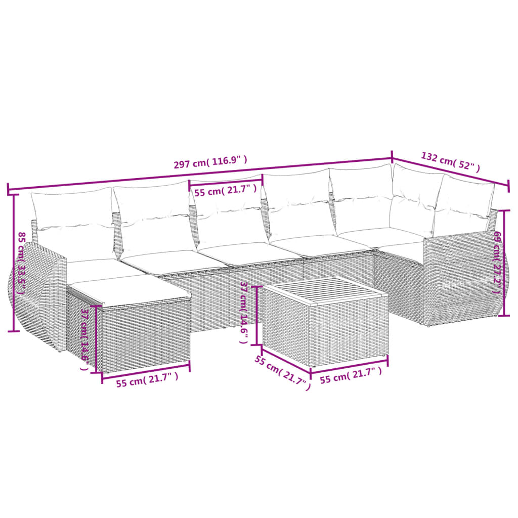 8-Delige Loungeset Met Kussens Poly Rattan Grijs