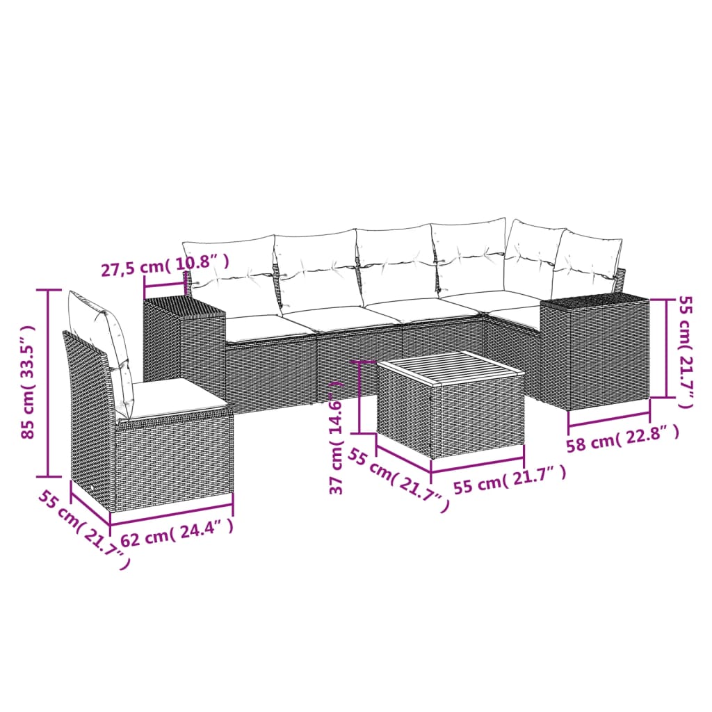 7-Delige Loungeset Met Kussens Poly Rattan Grijs