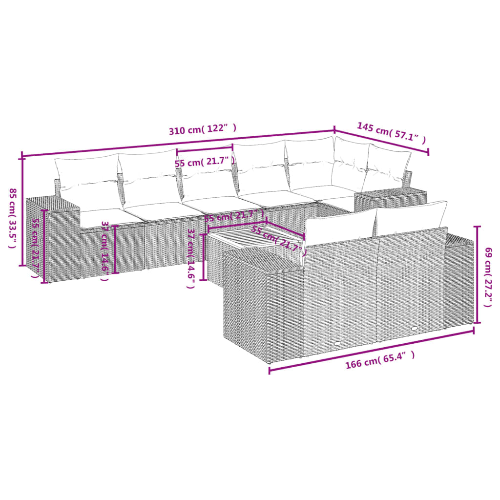 9-Delige Loungeset Met Kussens Poly Rattan Zwart